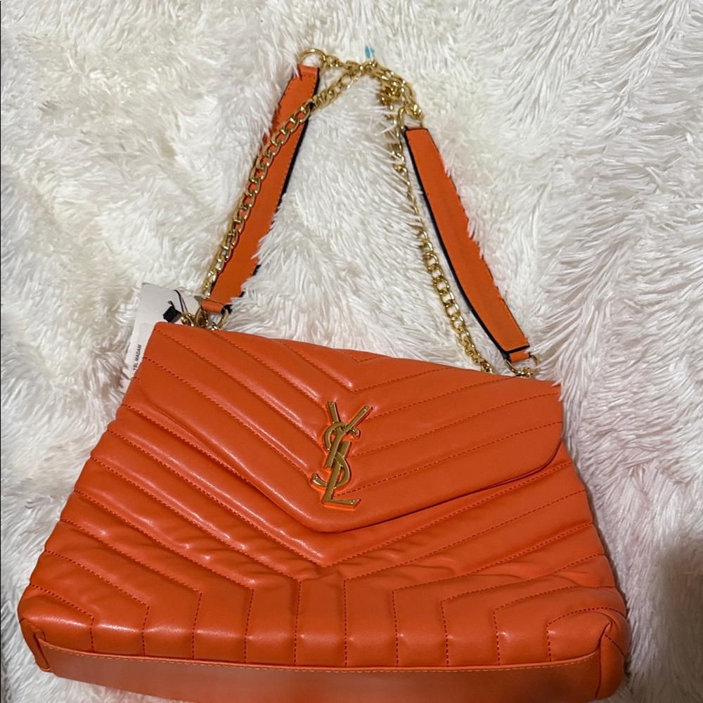 Saint Laurent Orange Quilted Shoulder Bag with Gold Hardware